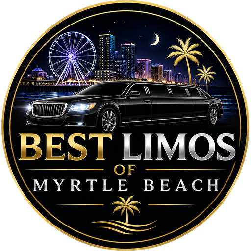 Best Limos of Myrtle Beach logo: black stretch limousine in front of the night skyline and SkyWheel